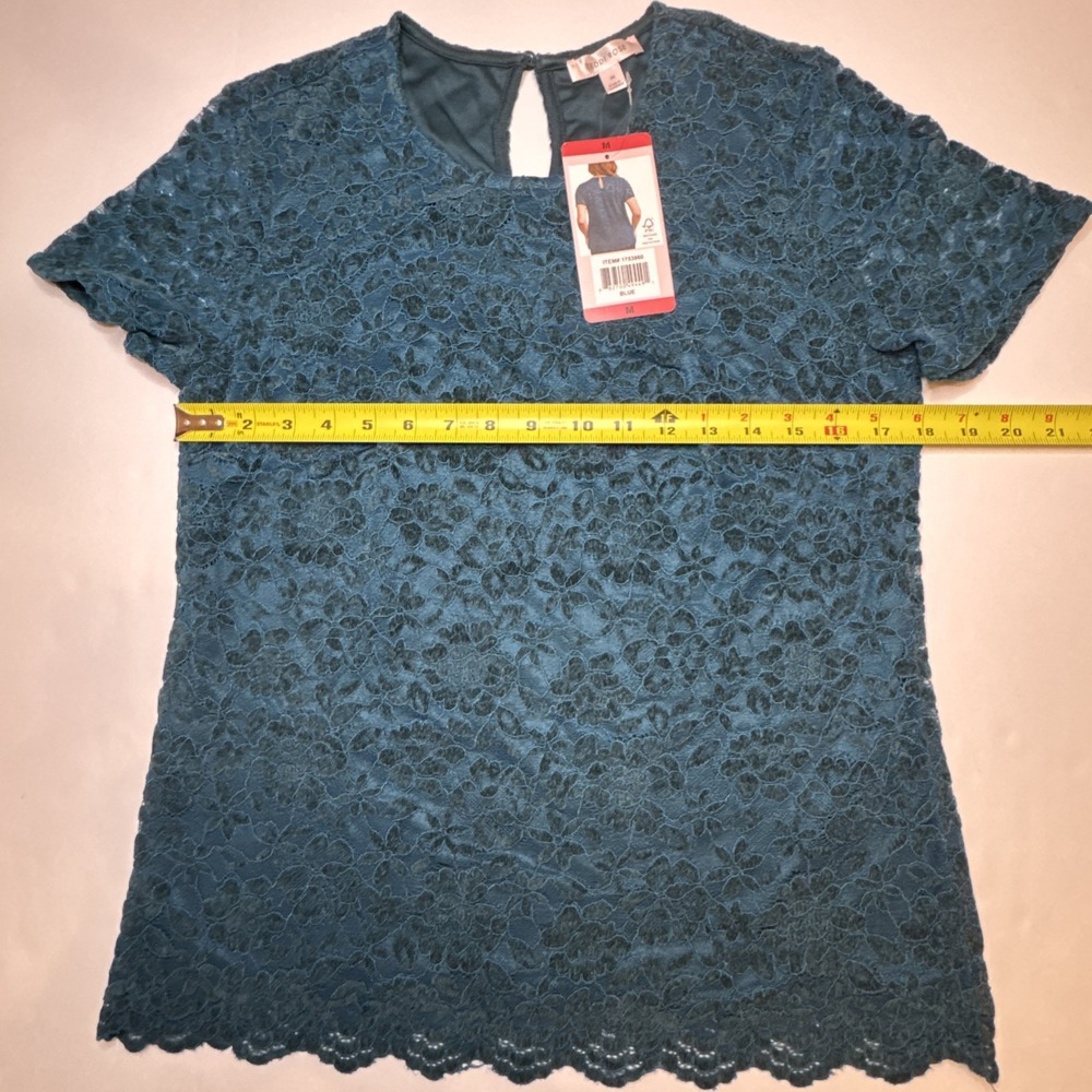 Lace Top Teddi Rose‎ Floral Scalloped Keyhole Short Sleeve Teal Blue Medium - Picture 3 of 7